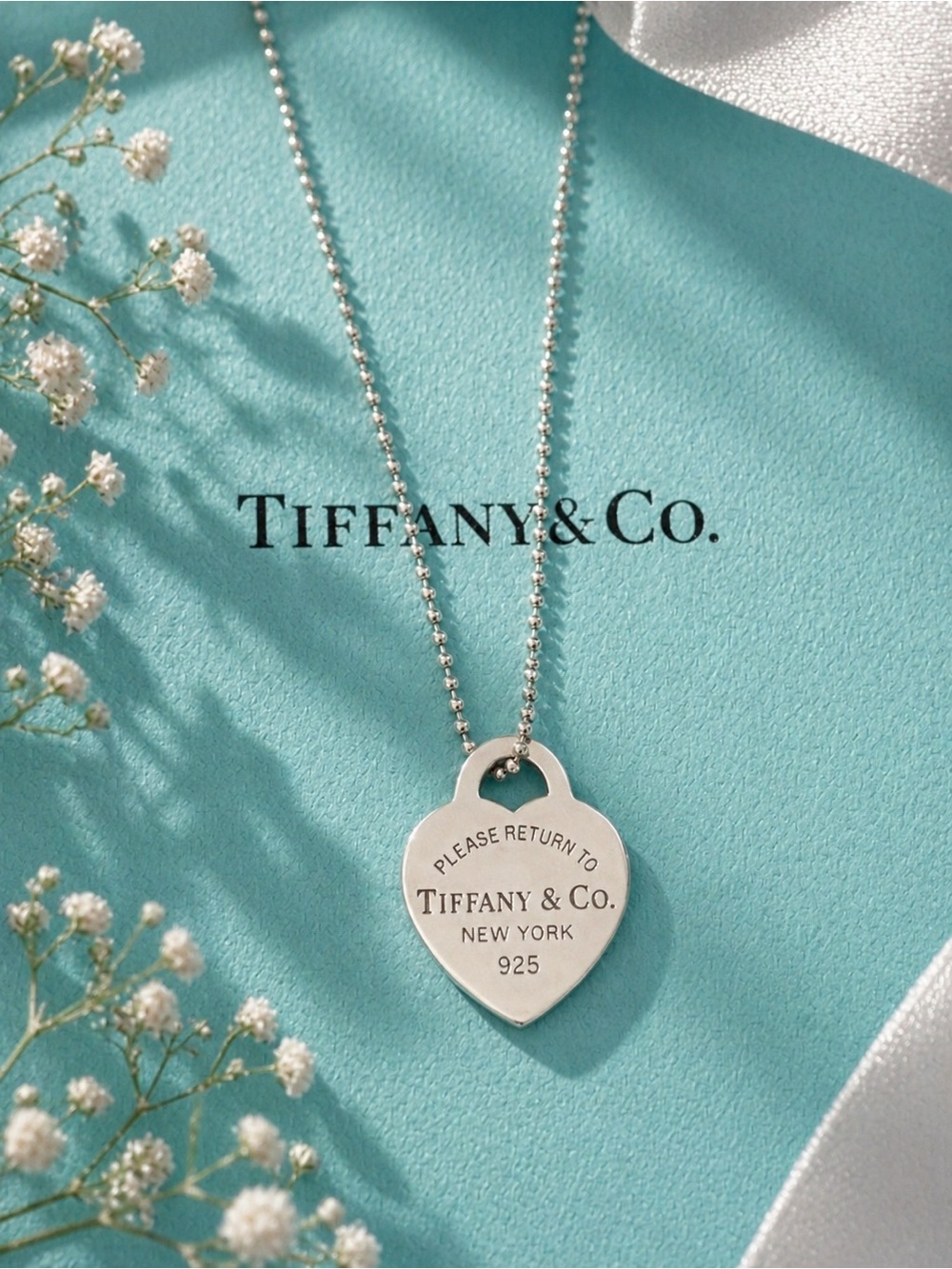 Authentic Tiffany & Co Small Heart Tag Pendant on 16” Mini Ball Chain
